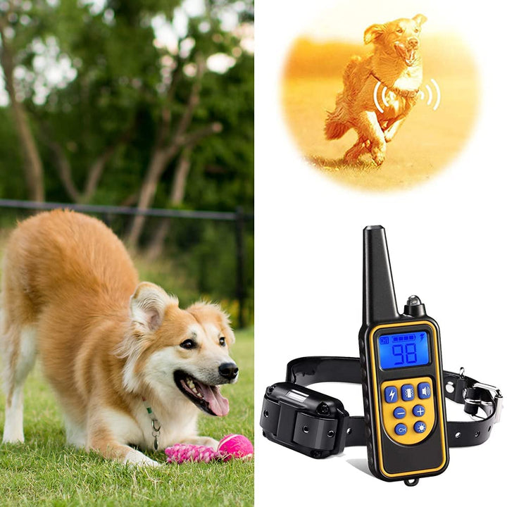 "Rechargeable waterproof electric dog training collar with remote, rubber strap, and LCD display for effective pet training."