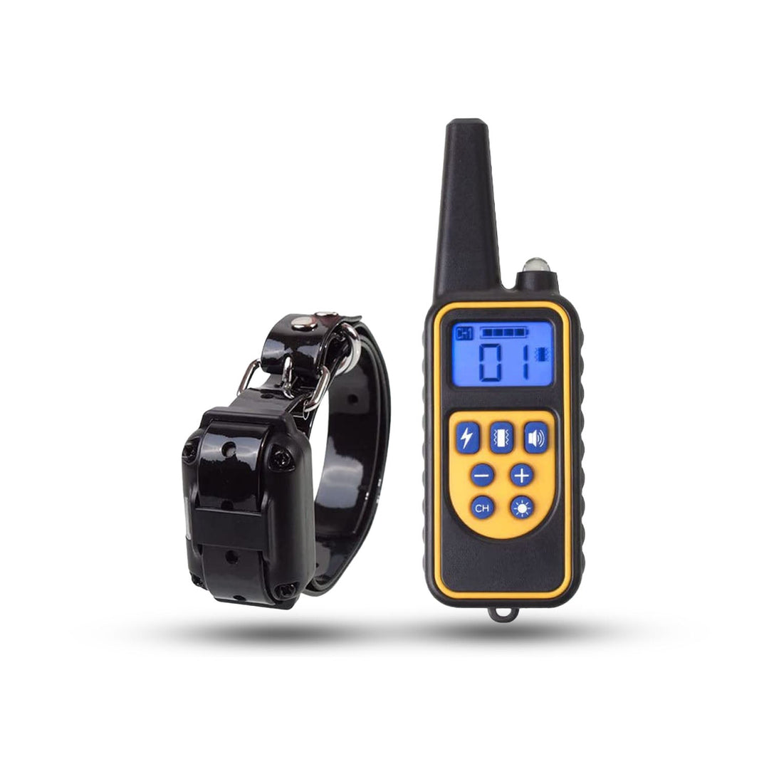 "Rechargeable waterproof electric dog training collar with remote, rubber strap, and LCD display for effective pet training."
