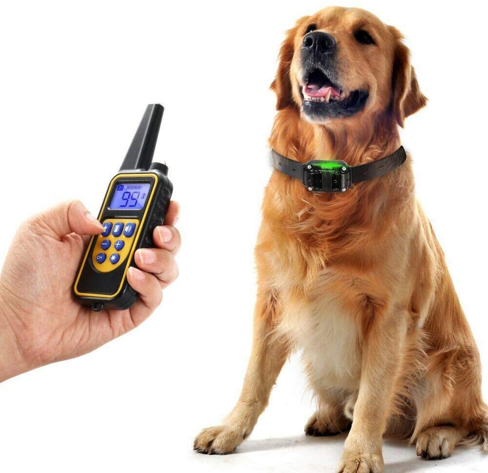 "Rechargeable waterproof electric dog training collar with remote, rubber strap, and LCD display for effective pet training."
