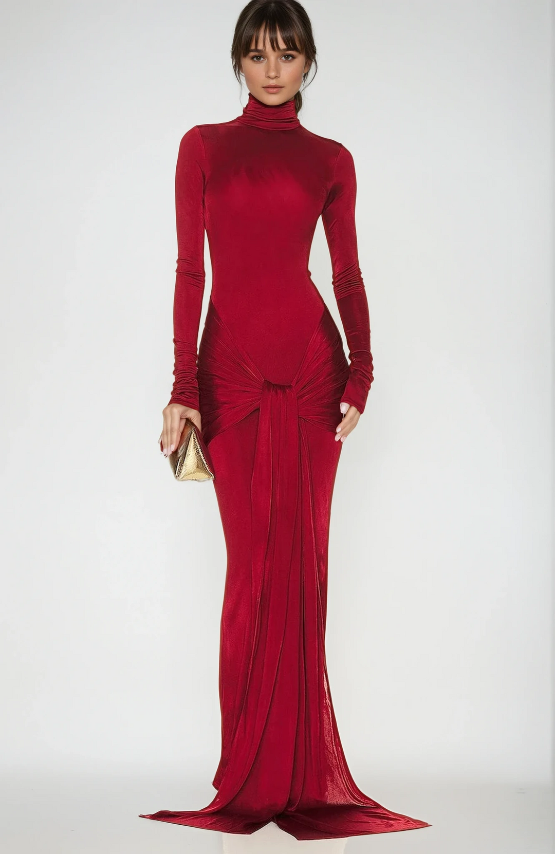 Red high neck formal maxi dress for women, perfect for elegant parties & special occasions.