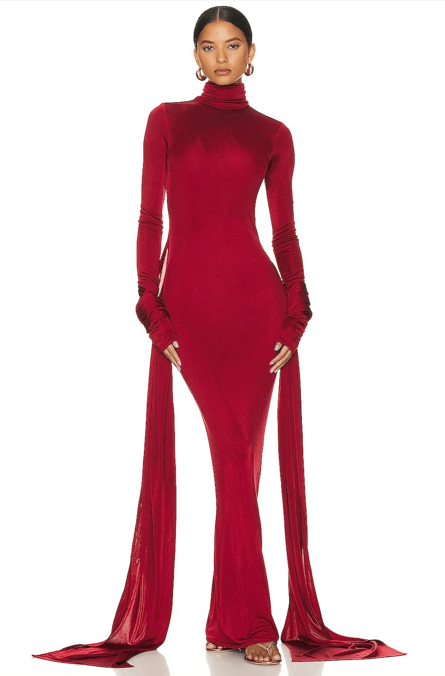 Stunning red maxi dress with a high neck, a formal and elegant party dress for women.