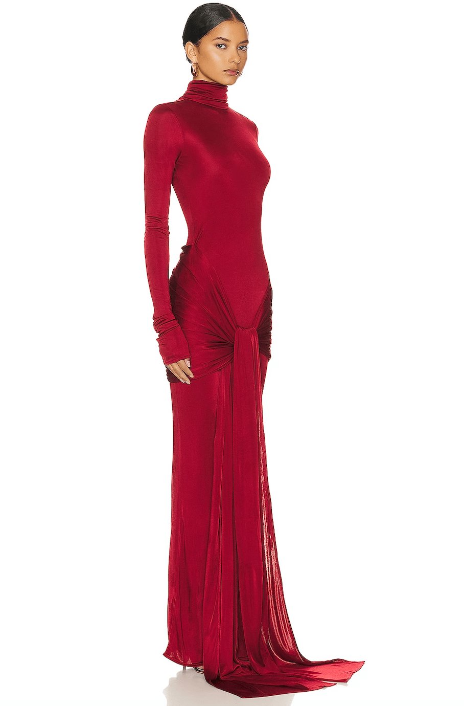 Women's fashion red formal high neck maxi dress. A sophisticated evening gown for parties.
