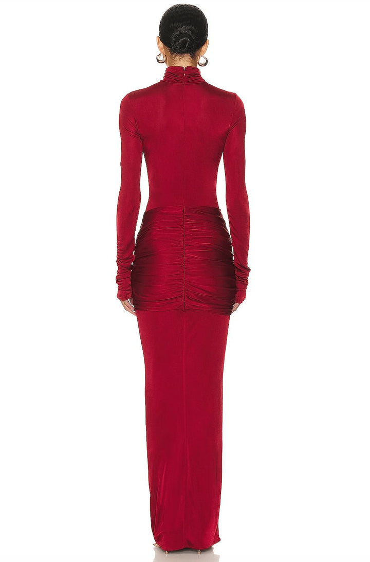 Long red high neck women's formal party maxi dress. Ideal for special occasion evenings.