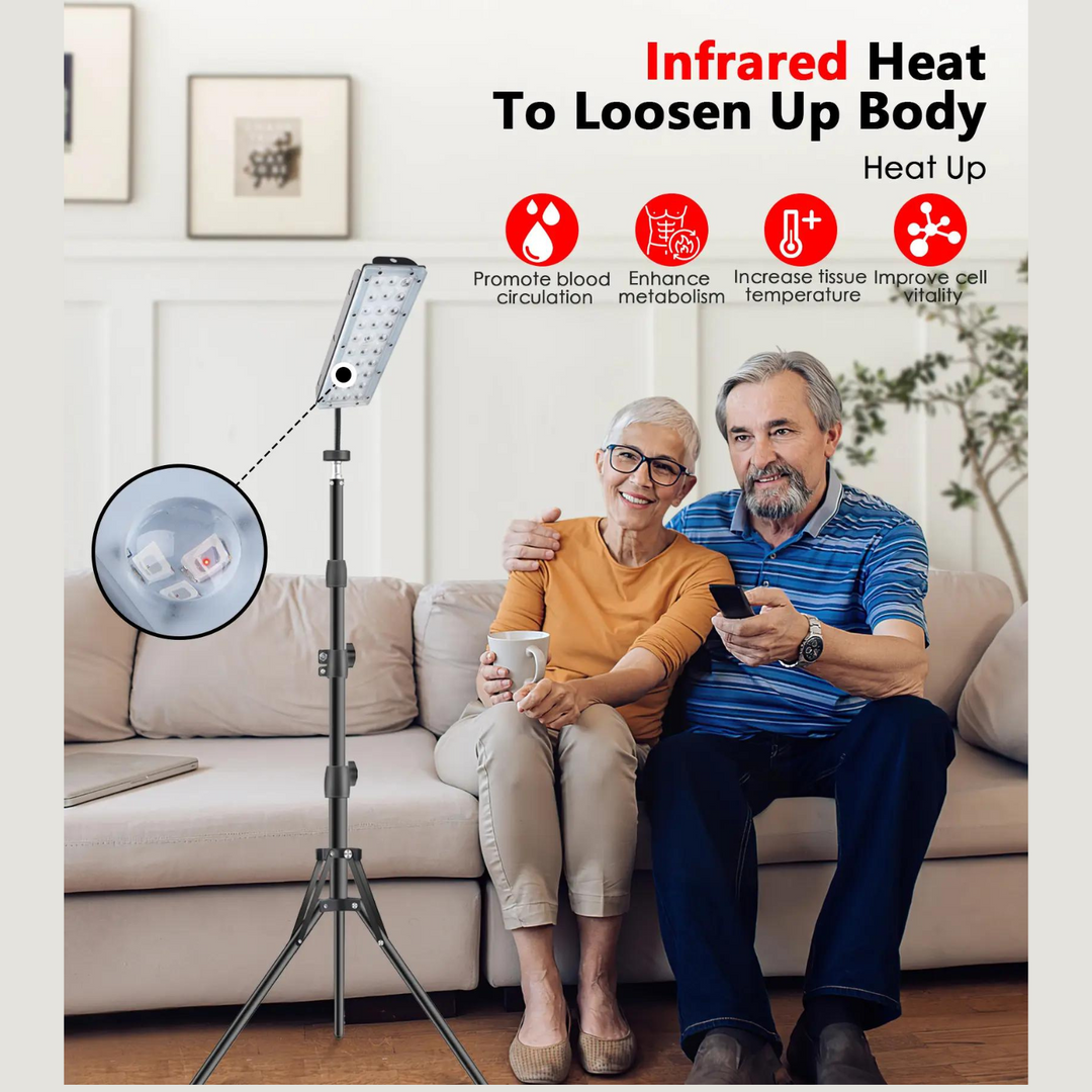 "Red light therapy lamp with adjustable strip for targeted healing, featuring a stable stand and versatile angle adjustment."