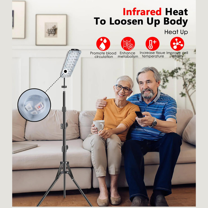"Red light therapy lamp with adjustable strip for targeted healing, featuring a stable stand and versatile angle adjustment."