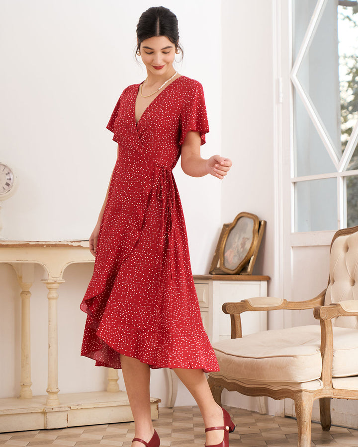 Red polka dot wrap midi dress for women, perfect for wedding guests & summer parties.