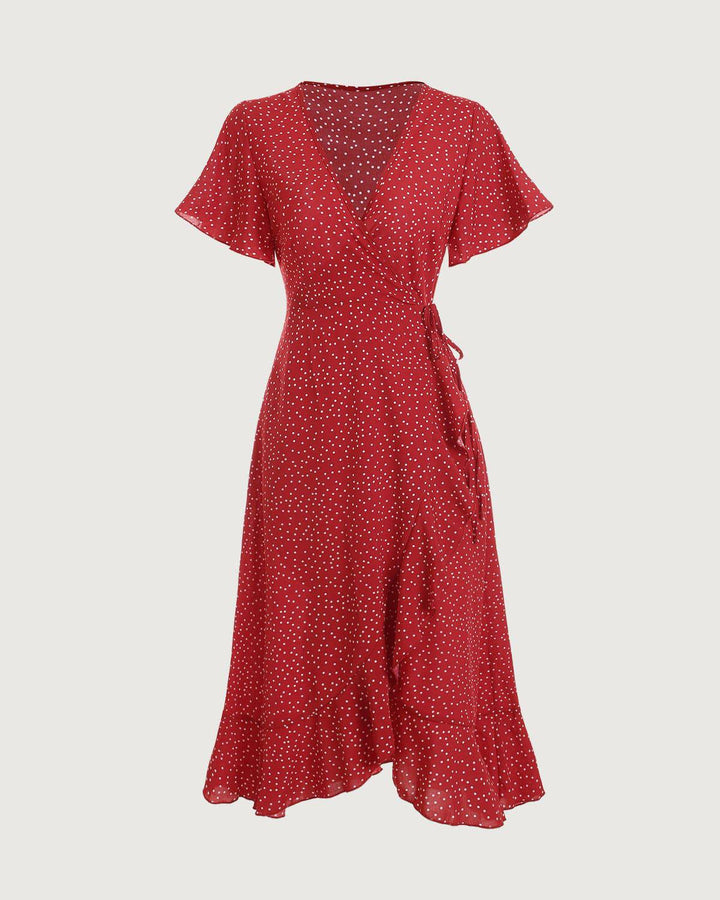 Stylish red polka dot short sleeve wrap midi dress for women, great for weddings & party wear.