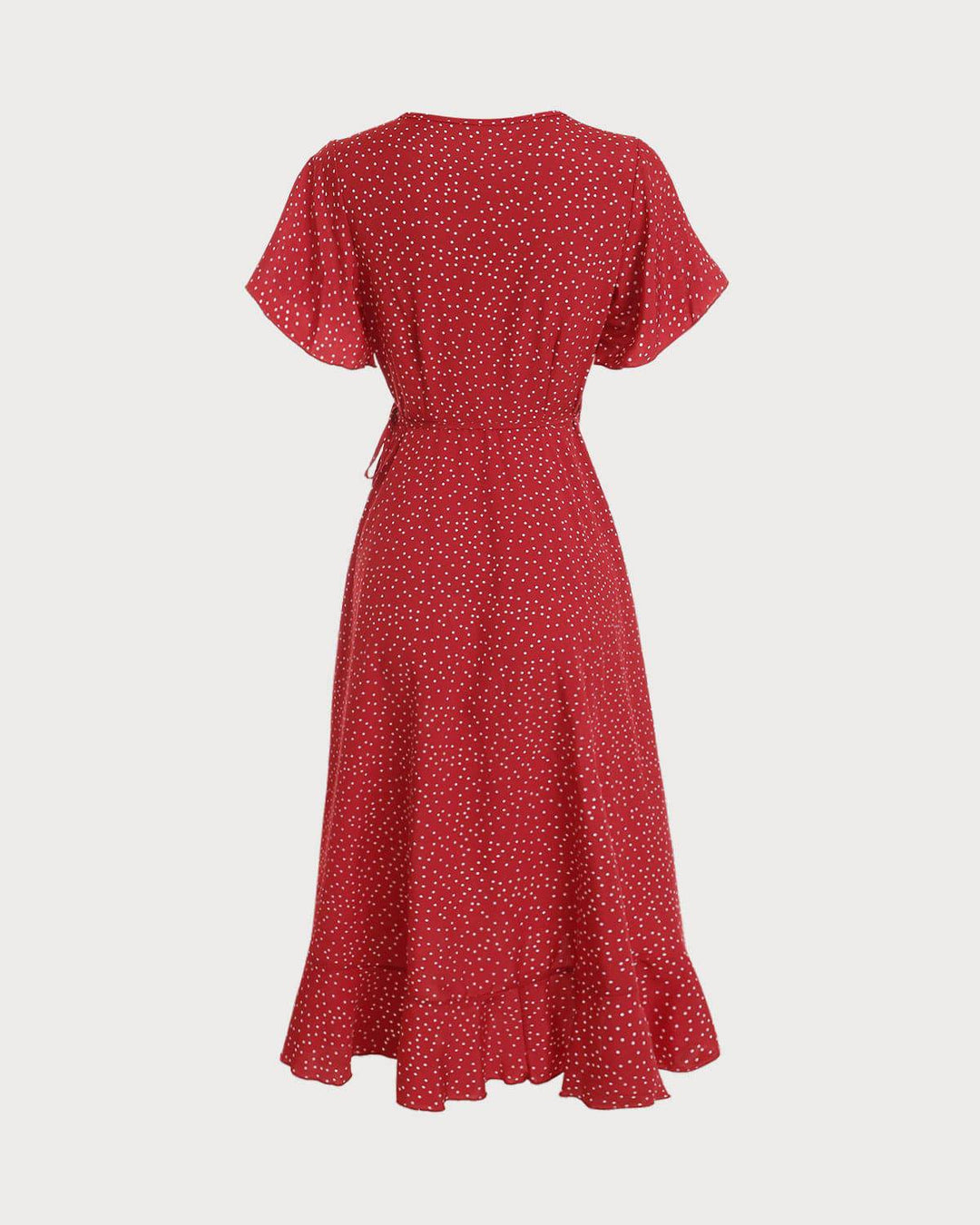 Chic women's red polka dot wrap midi dress. Elegant special occasion & wedding guest summer party wear.