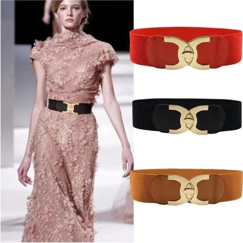 Red Wide Elastic Parisian Chic Belt for women, PU leather, perfect fashion accessory for dresses.