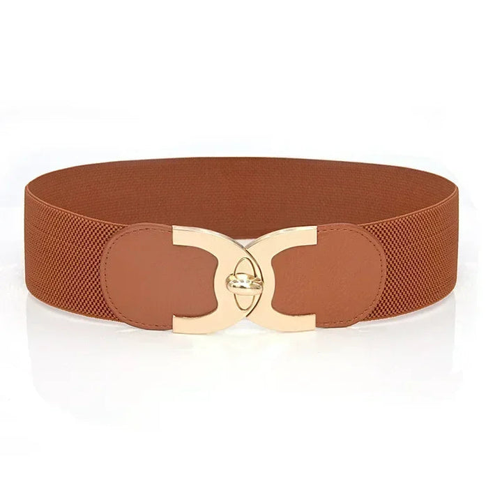 Camel Wide Elastic Parisian Chic Belt, PU leather, stylish women's waist accessory.
