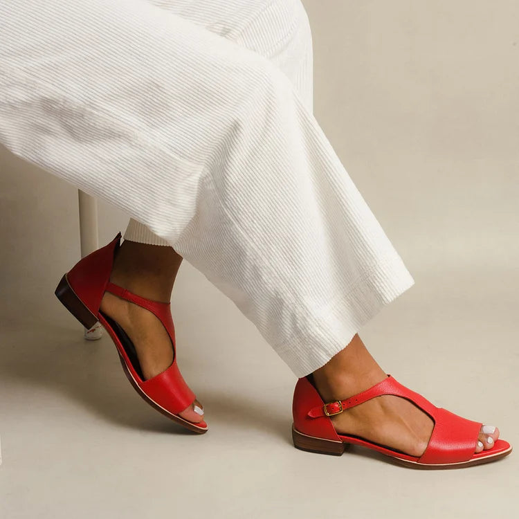 Red women's elegant open low flat slip-on sandals for everyday comfort, perfect for summer casual & dressy wear.