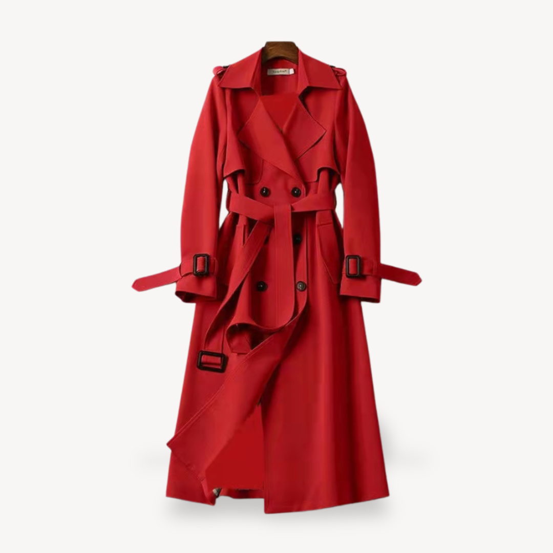 Red women's cotton trench coat with belted waist, classic silhouette, stylish and versatile for all-season outfits.