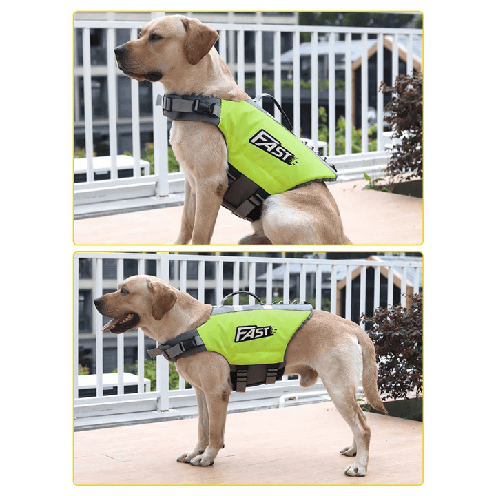 Reflective adjustable dog life jacket with buoyant support, high visibility colors, and emergency handle for water safety.