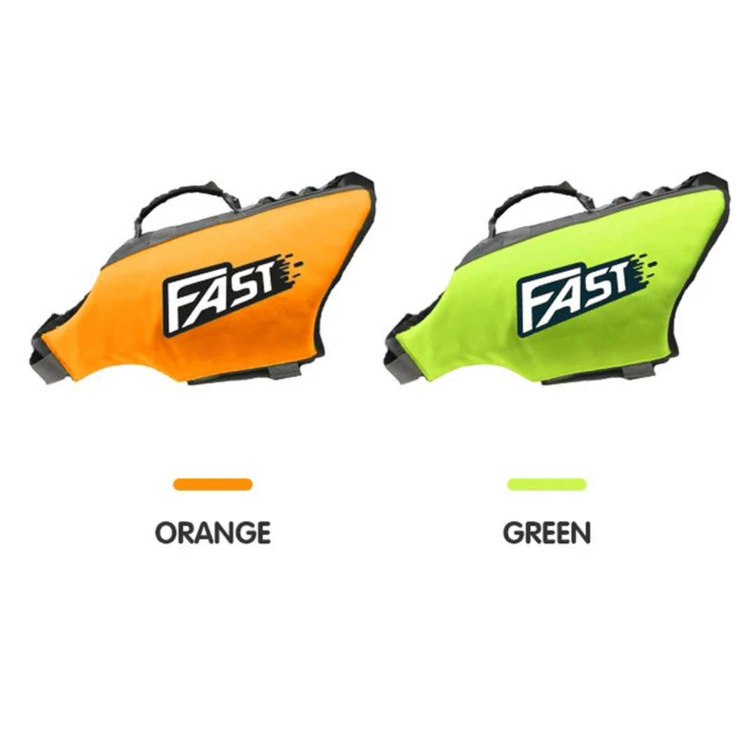Reflective adjustable dog life jacket with buoyant support, high visibility colors, and emergency handle for water safety.