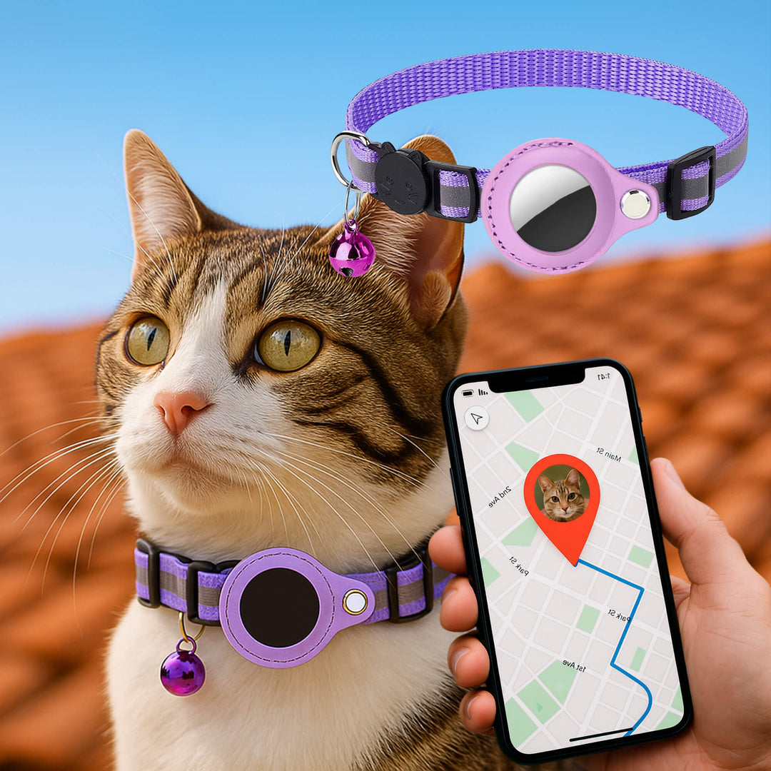 "Reflective cat GPS tracker collar with quick release, enhances safety and visibility for your pet's outdoor adventures."