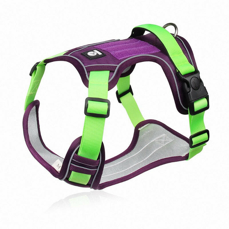 Reflective no-pull dog harness with handle, adjustable straps, and metal D-ring; visible and safe for night walks.