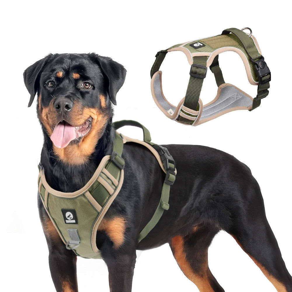 Reflective no-pull dog harness with handle, adjustable straps, and metal D-ring; visible and safe for night walks.