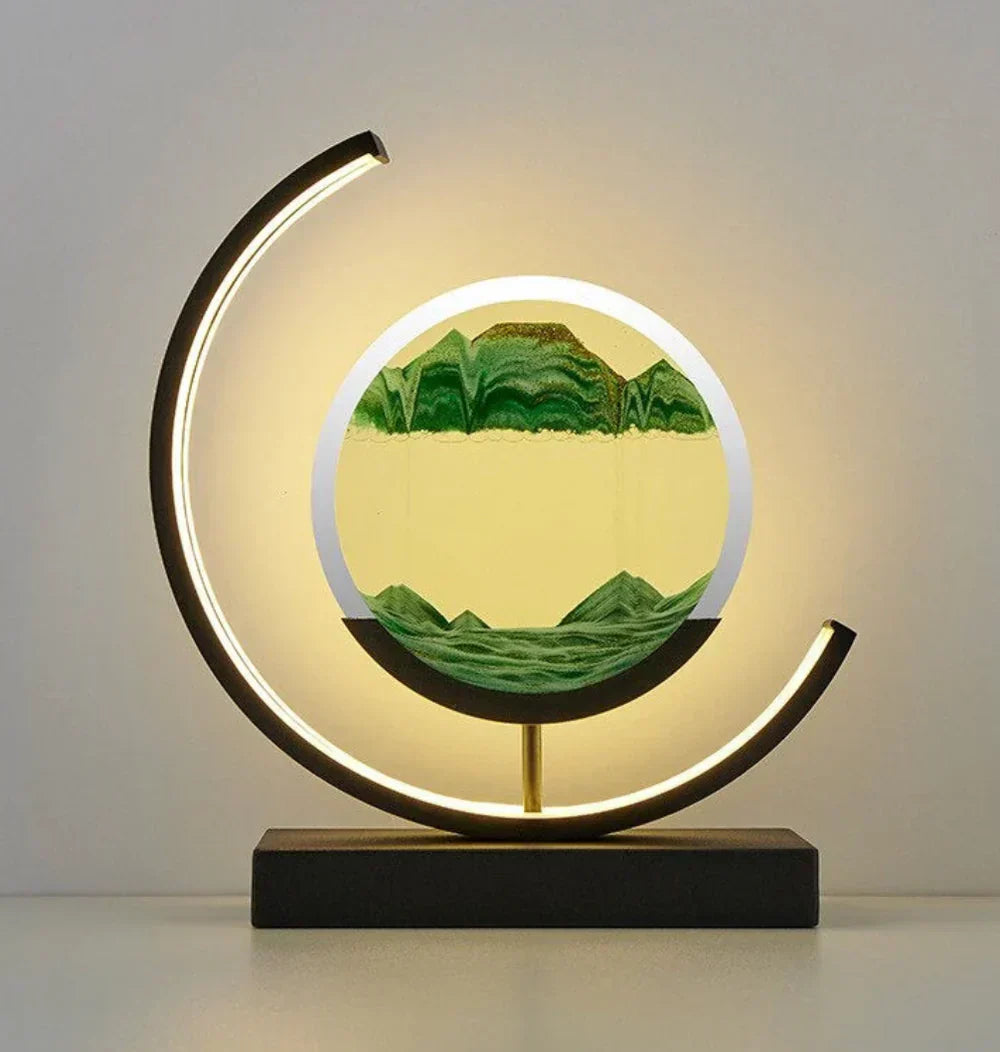 Relaxing moving sand art table lamp, perfect for serene home and office decor. A unique visual art piece.
