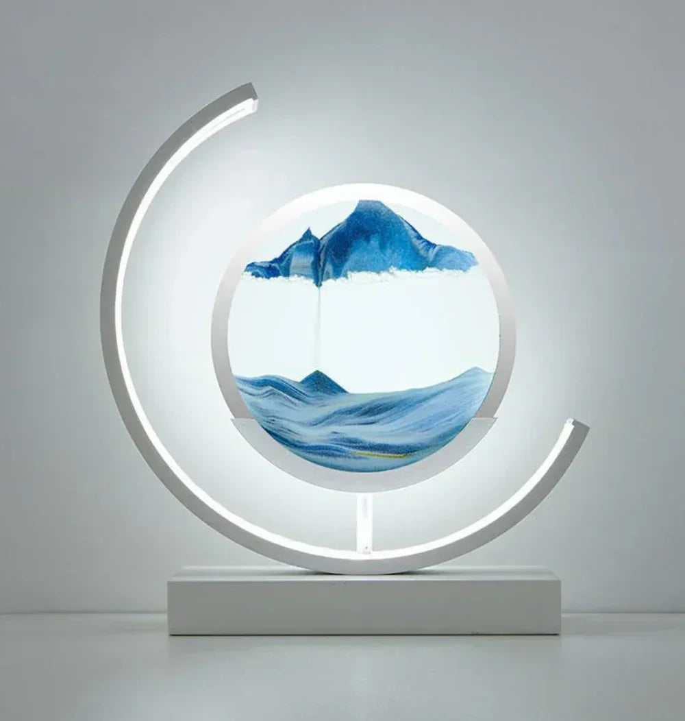 Mesmerizing moving sand art lamp, ideal for living room or office; provides serene visual art & light.