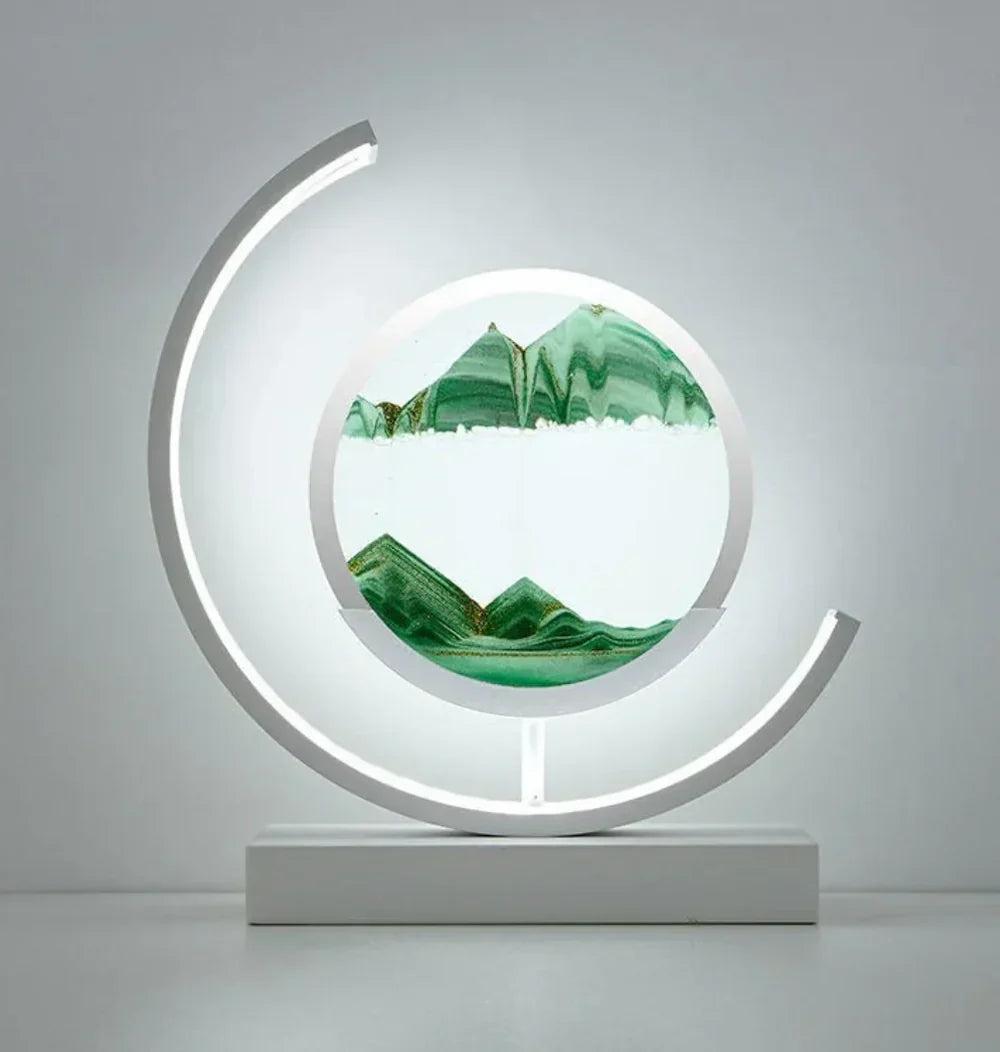Elegant moving sand art table lamp, a unique gift promoting relaxation and beautiful home decor.