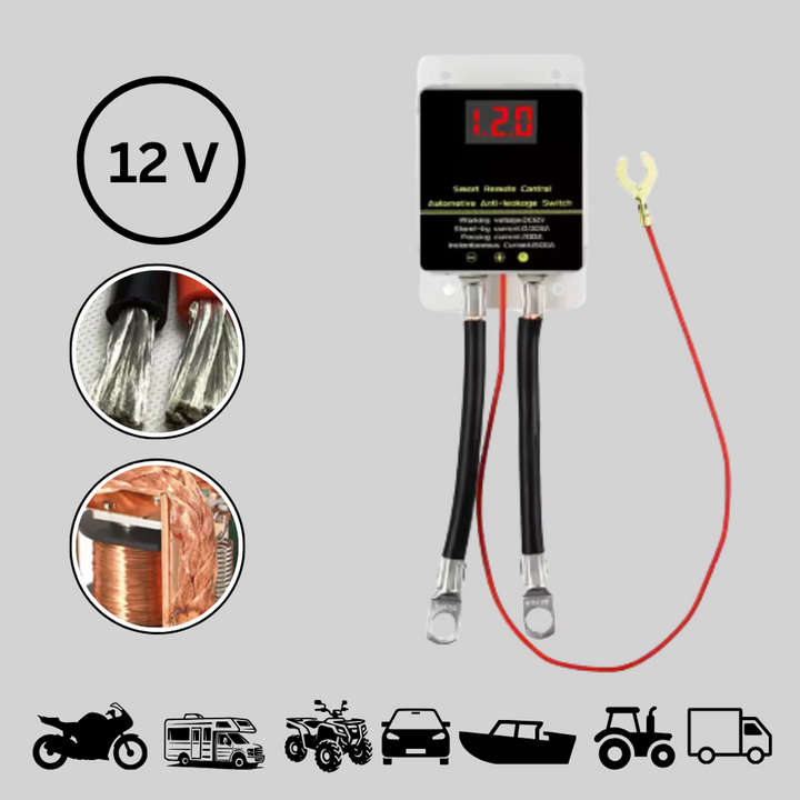 High current 12V remote battery disconnect switch, vehicle accessory for power isolation & car security.