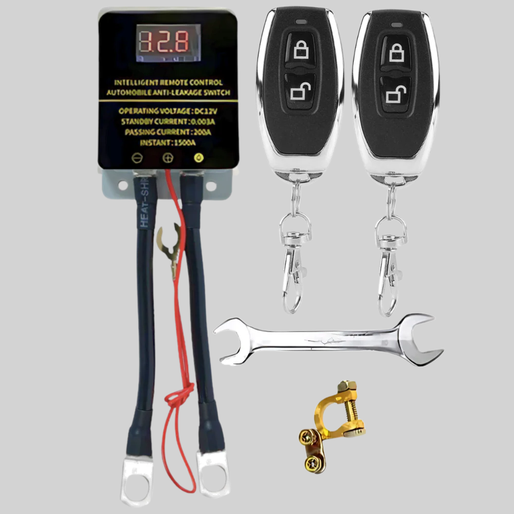 Compact remote car battery disconnect switch, 12V anti-theft and power cutoff solution.