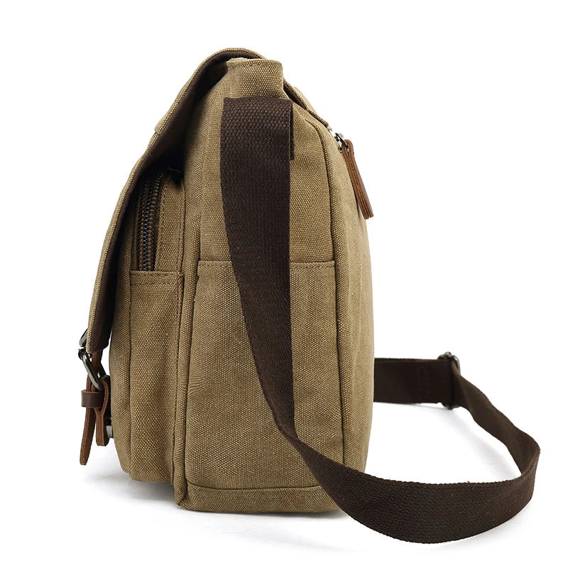 Rugged men's canvas shoulder bag with adjustable strap, front view showcasing durable material and stylish design.