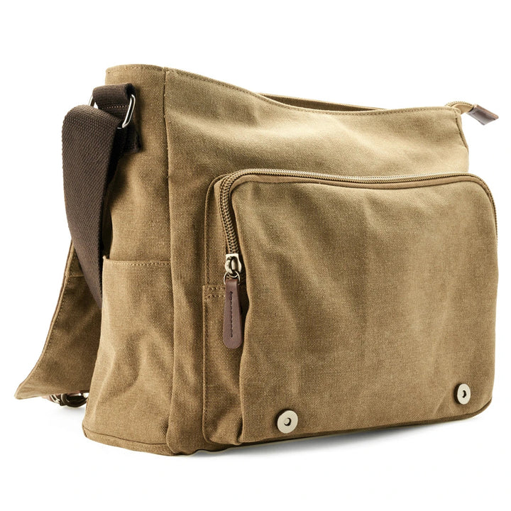 Rugged men's canvas shoulder bag with adjustable strap, front view showcasing durable material and stylish design.