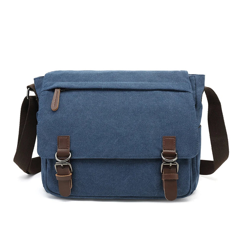 Rugged men's canvas shoulder bag with adjustable strap, front view showcasing durable material and stylish design.