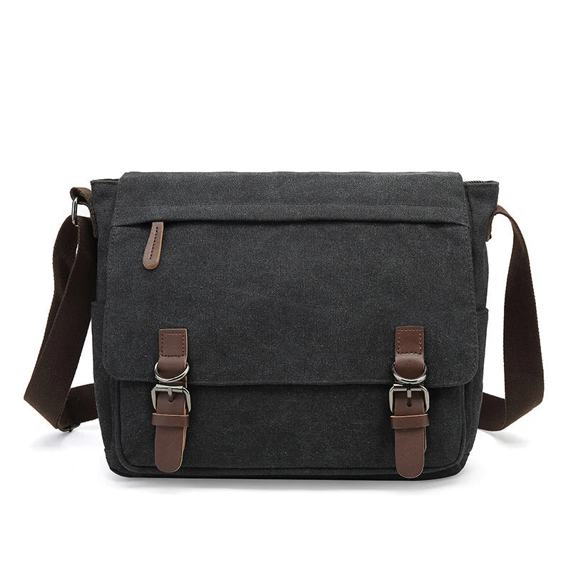 Rugged men's canvas shoulder bag with adjustable strap, front view showcasing durable material and stylish design.