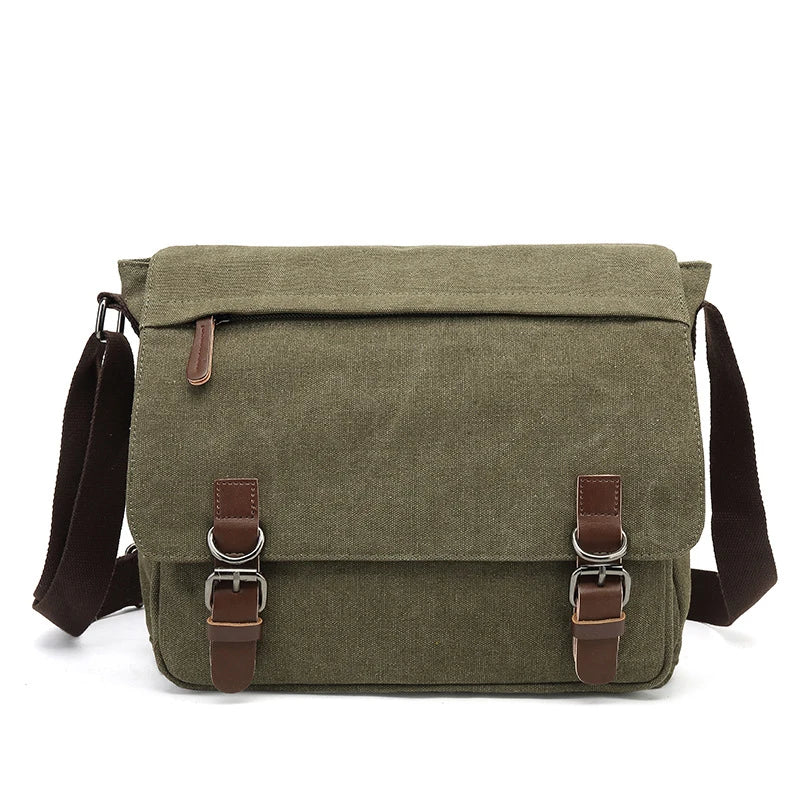 Rugged men's canvas shoulder bag with adjustable strap, front view showcasing durable material and stylish design.