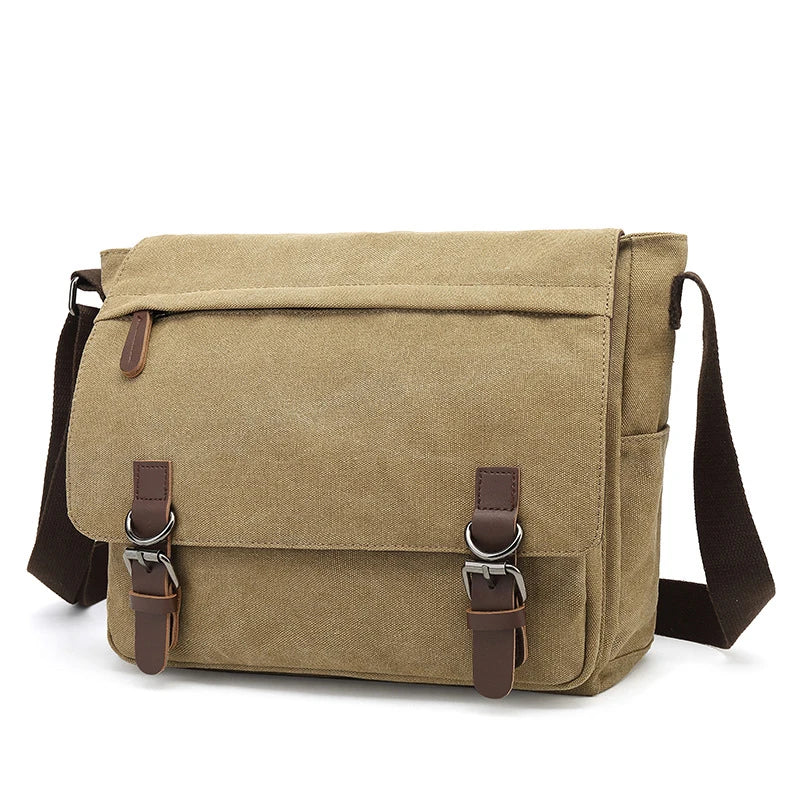 Rugged men's canvas shoulder bag with adjustable strap, front view showcasing durable material and stylish design.