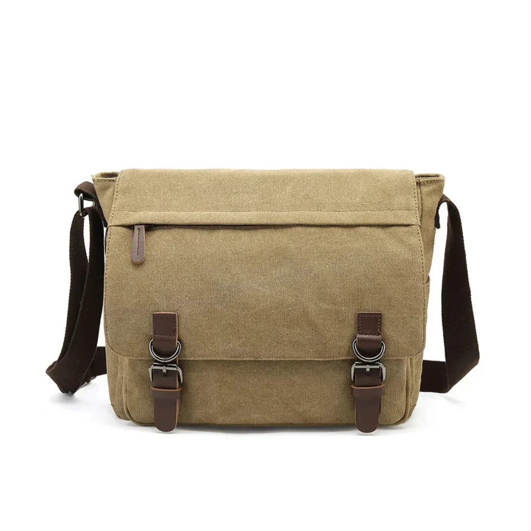 Rugged men's canvas shoulder bag with adjustable strap, front view showcasing durable material and stylish design.