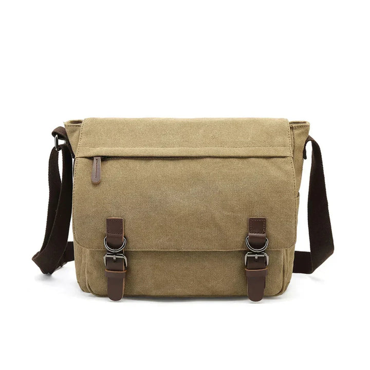 Rugged men's canvas shoulder bag with adjustable strap, front view showcasing durable material and stylish design.