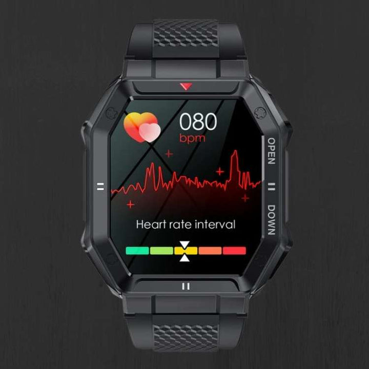 "Rugged men's smartwatch with military design, featuring a robust build and HD display, ideal for outdoor activities."