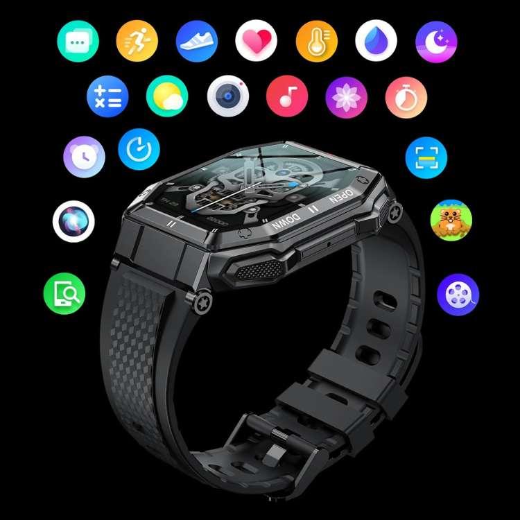 "Rugged men's smartwatch with military design, featuring a robust build and HD display, ideal for outdoor activities."