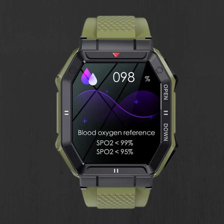 "Rugged men's smartwatch with military design, featuring a robust build and HD display, ideal for outdoor activities."