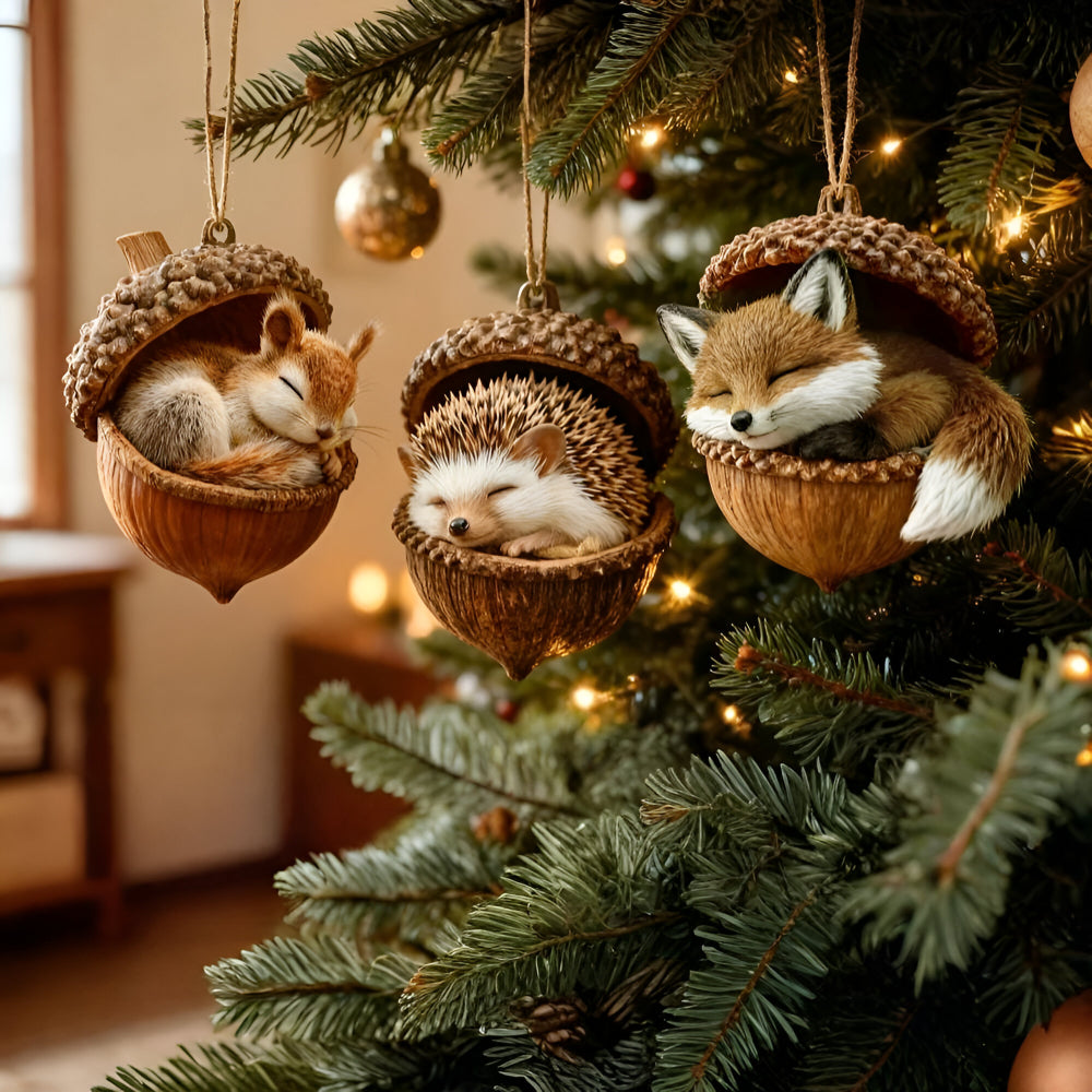 Rustic woodland animal acorn Christmas ornament for tree decor. Festive holiday nature design.