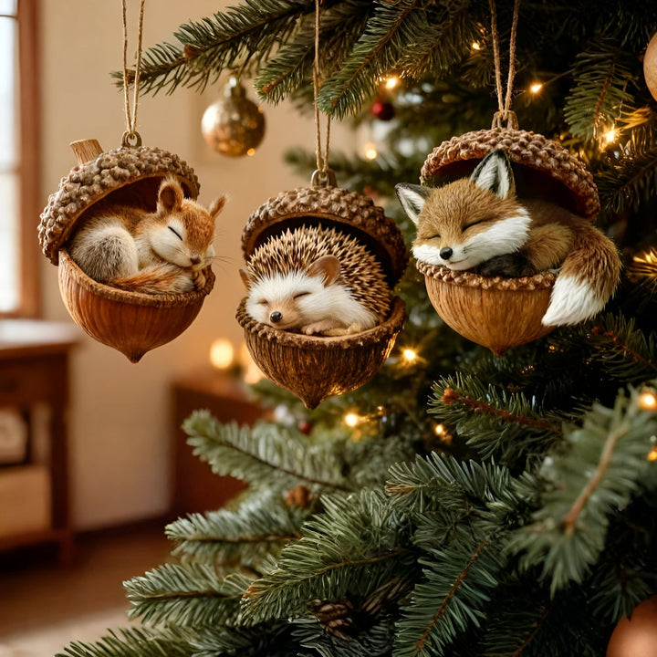 Rustic woodland animal acorn Christmas ornament for tree decor. Festive holiday nature design.