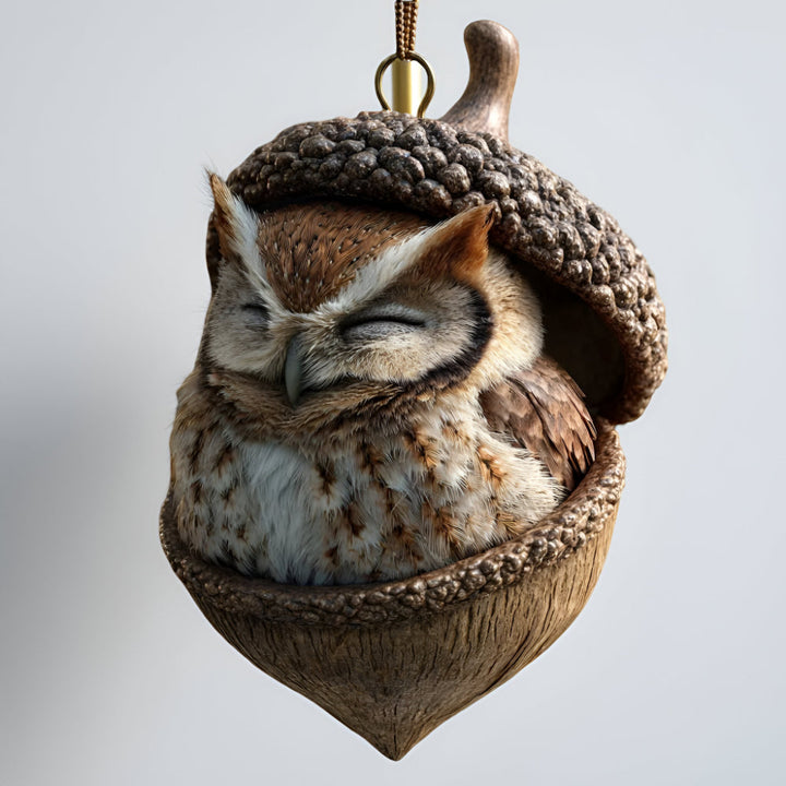 Decorative Christmas acorn ornaments with woodland animals, festive tree decor for winter.