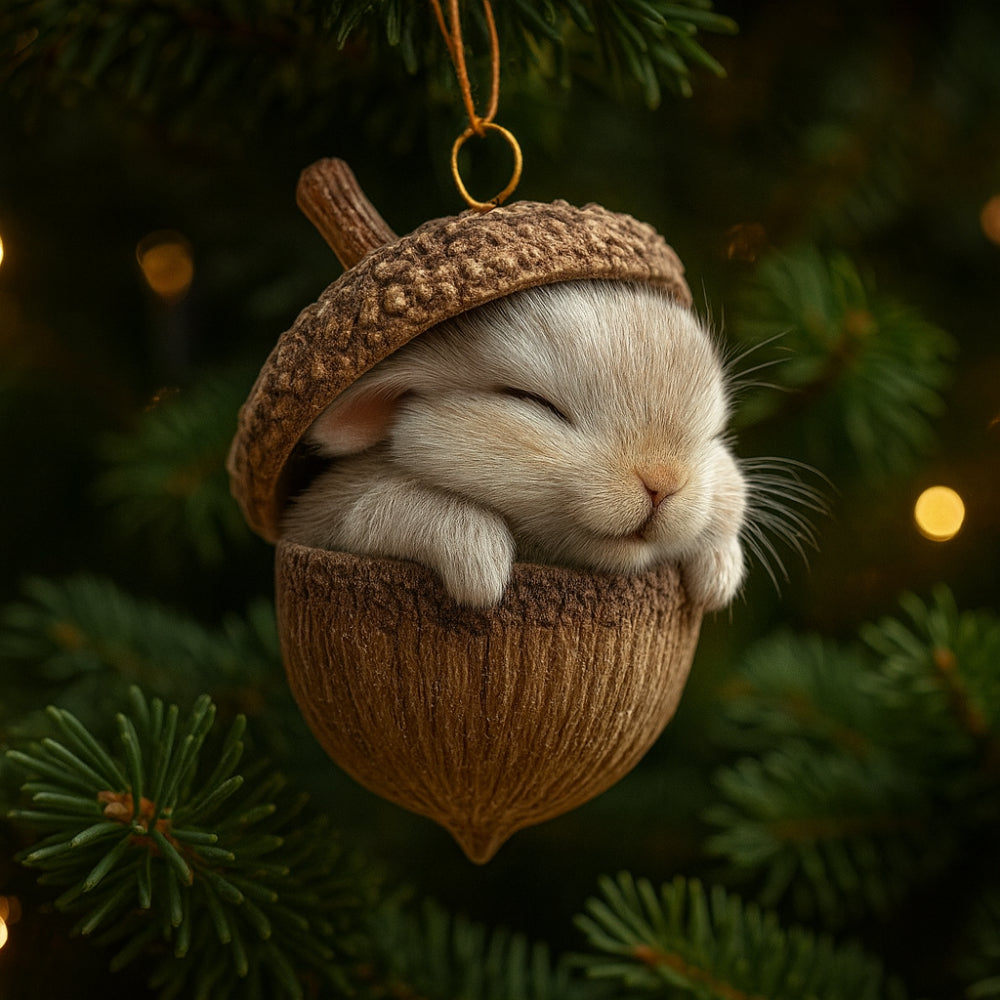 Cute woodland animal acorn ornament, perfect Christmas tree decor for a rustic holiday theme.