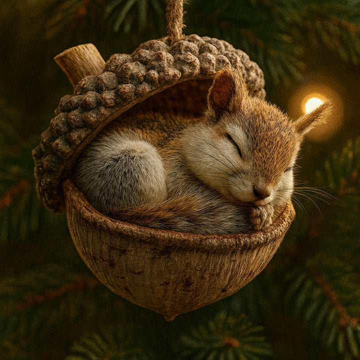 Nature-inspired woodland animal acorn ornaments, charming rustic Christmas tree decor.