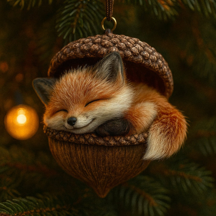 Decorative woodland animal acorn ornaments, perfect rustic Christmas tree decor for winter.