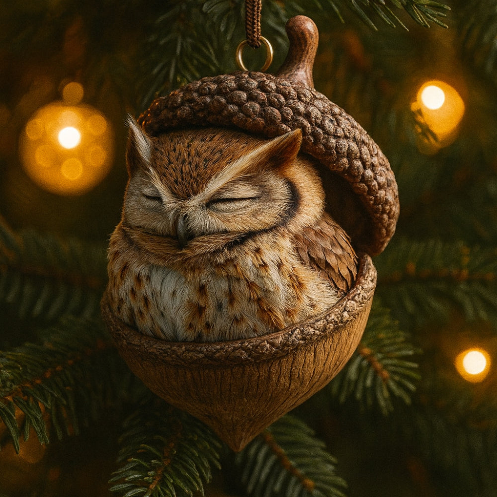 Festive acorn ornaments with woodland animals, charming Christmas tree decor & holiday gifts.