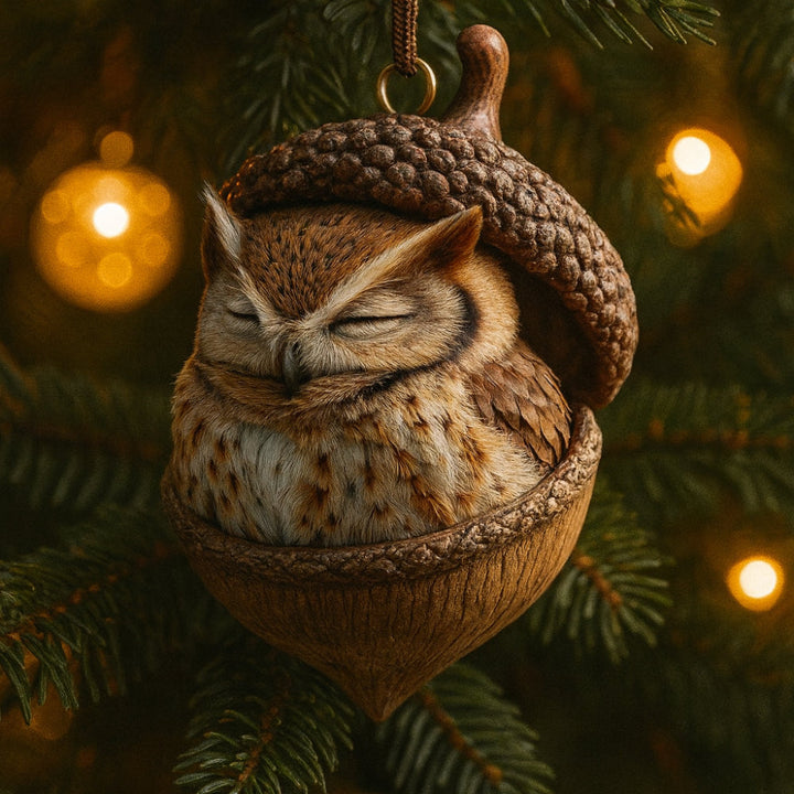 Festive acorn ornaments with woodland animals, charming Christmas tree decor & holiday gifts.