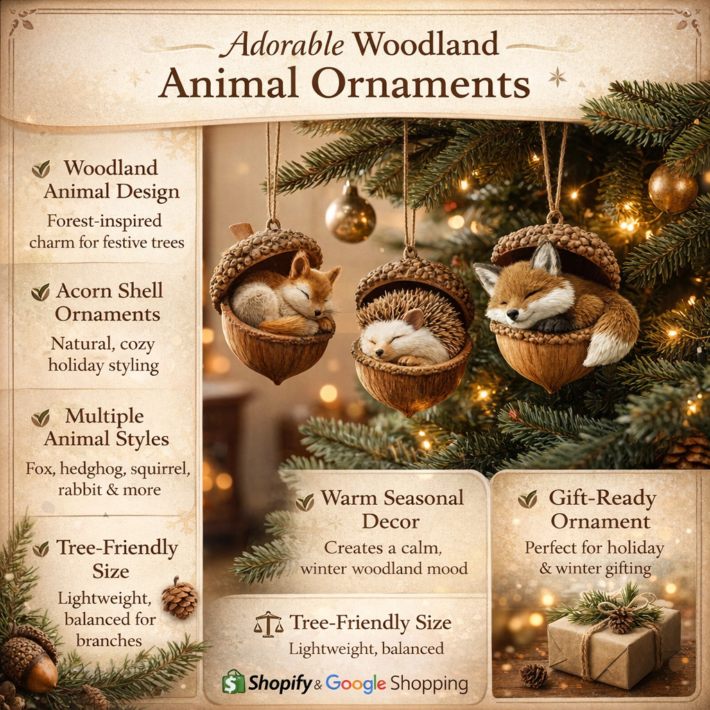 Rustic woodland animal acorn tree decor, unique Christmas ornaments for nature lovers.