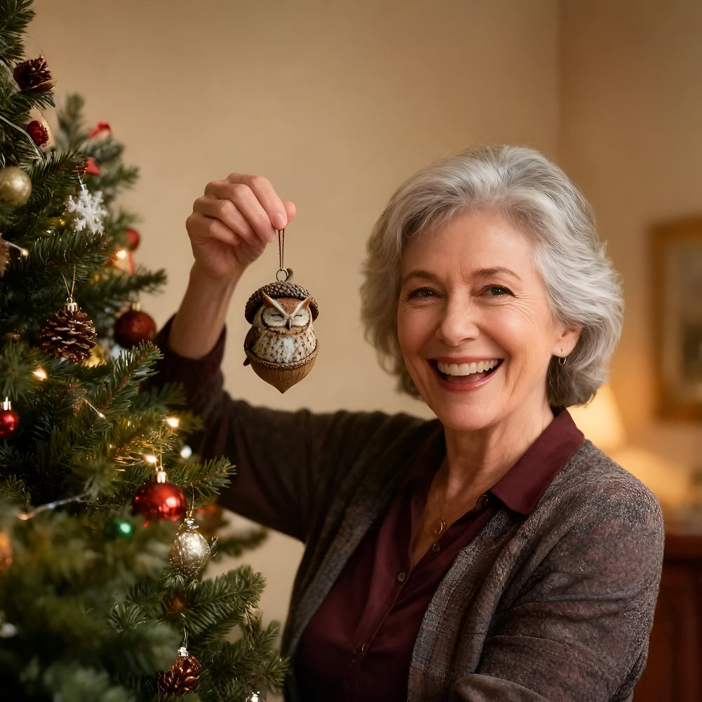 Cute Christmas ornaments: woodland animals peeking from acorns, festive holiday tree decor.