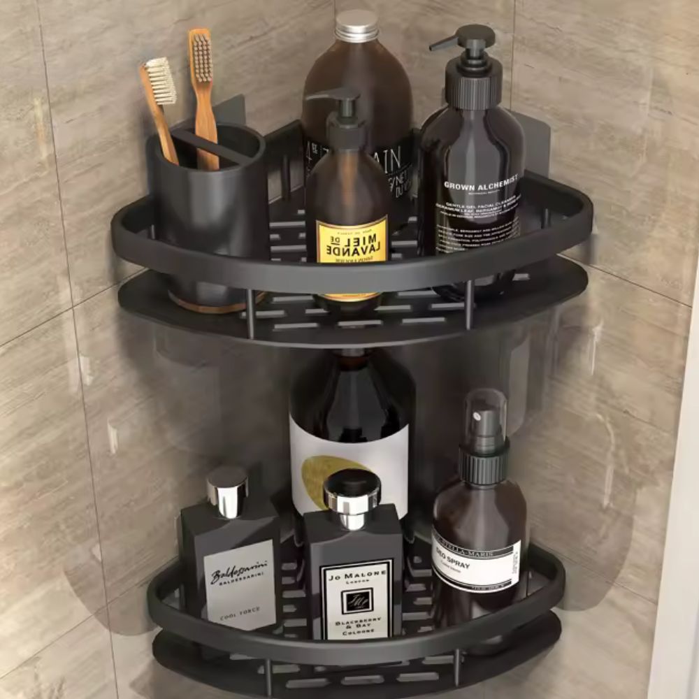 Rustproof 2-tier wall-mounted shower caddy organizer in matte black aluminum, perfect for modern bathroom toiletries.