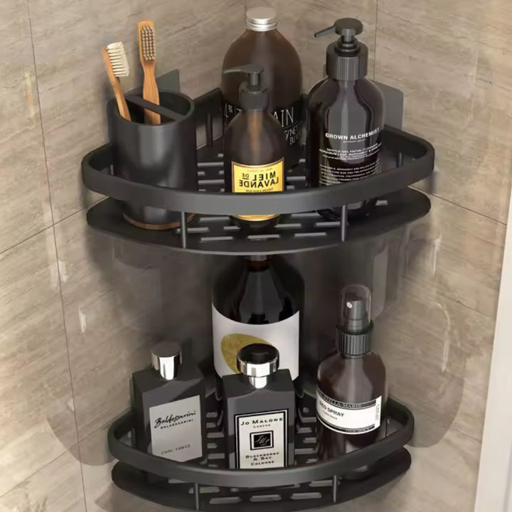 Rustproof 2-tier wall-mounted shower caddy organizer in matte black aluminum, perfect for modern bathroom toiletries.