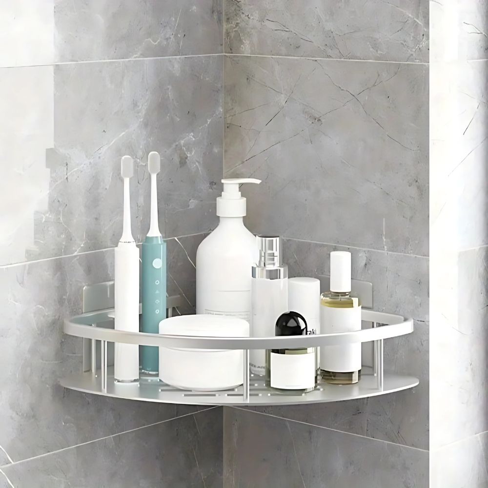 Space-saving silver stainless steel shower caddy organizer, rustproof and wall-mounted for bathroom toiletries storage.